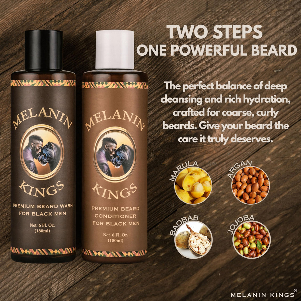 Melanin Kings African oil blend bottle emphasizes nourishing ingredients for beard