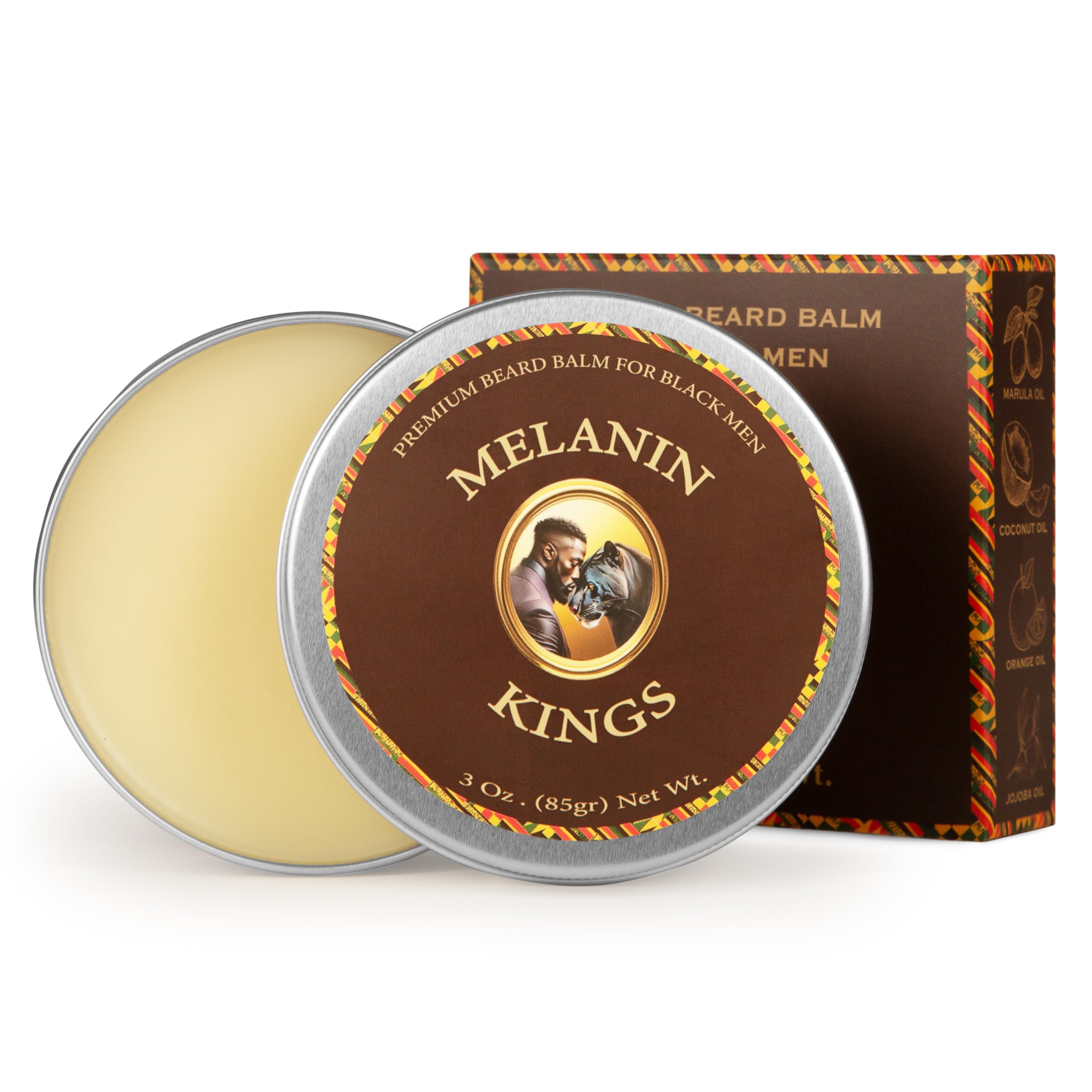 Melanin Kings beard balm jar showing rich formula for easy detangling