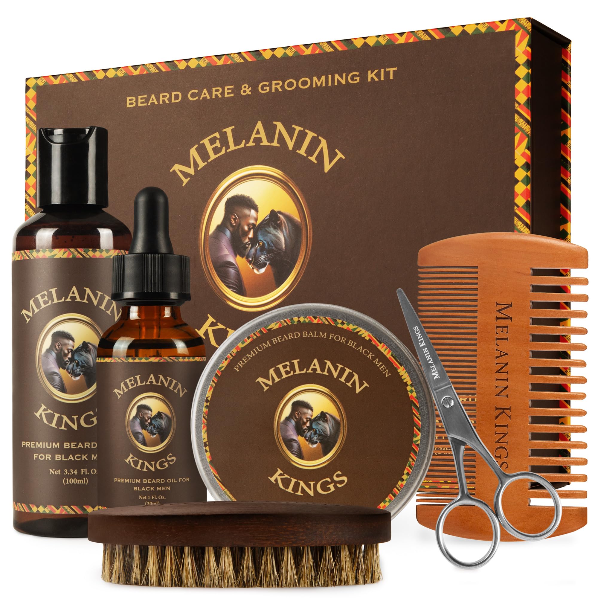 Melanin Kings beard grooming kit box display, ready for gifting and daily care.