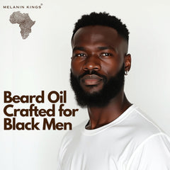 Melanin Kings Beard Oil in amber bottle highlights premium grooming benefits