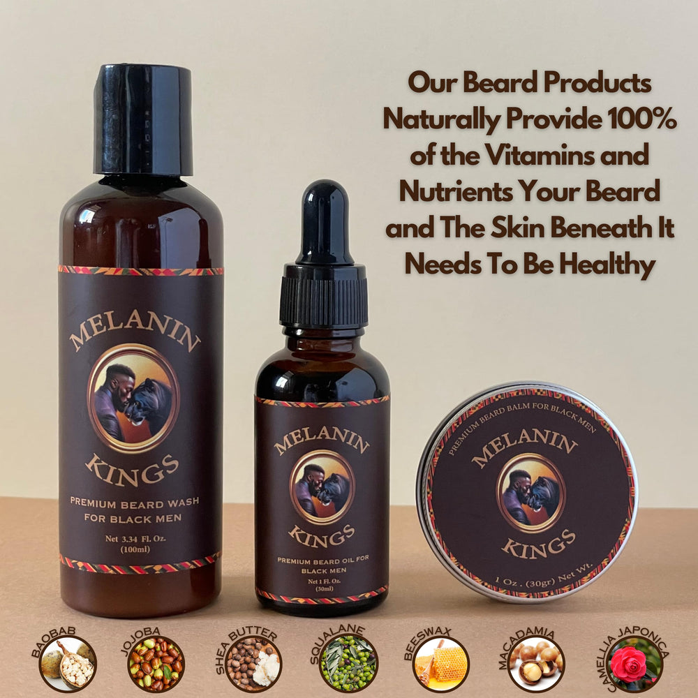 Melanin Kings beard oil bottle nourishes softness and shine across beard and skin.