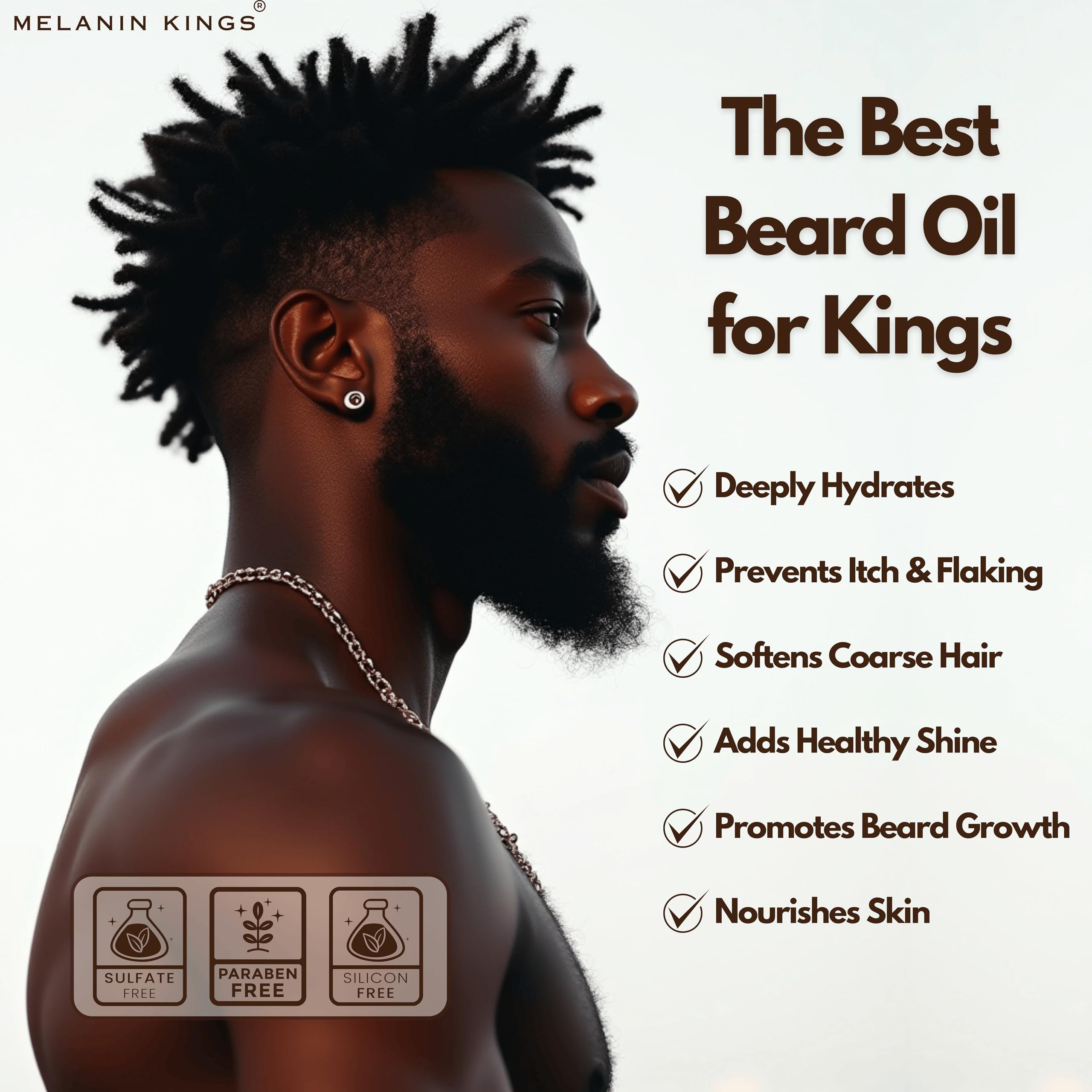 Melanin Kings Beard Oil drops on beard demonstrate easy application