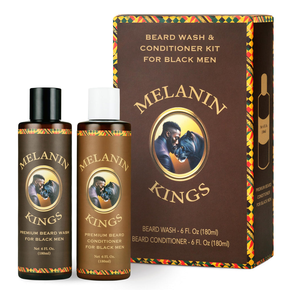 Melanin Kings beard wash bottle front shows gentle cleansing for coarse beards