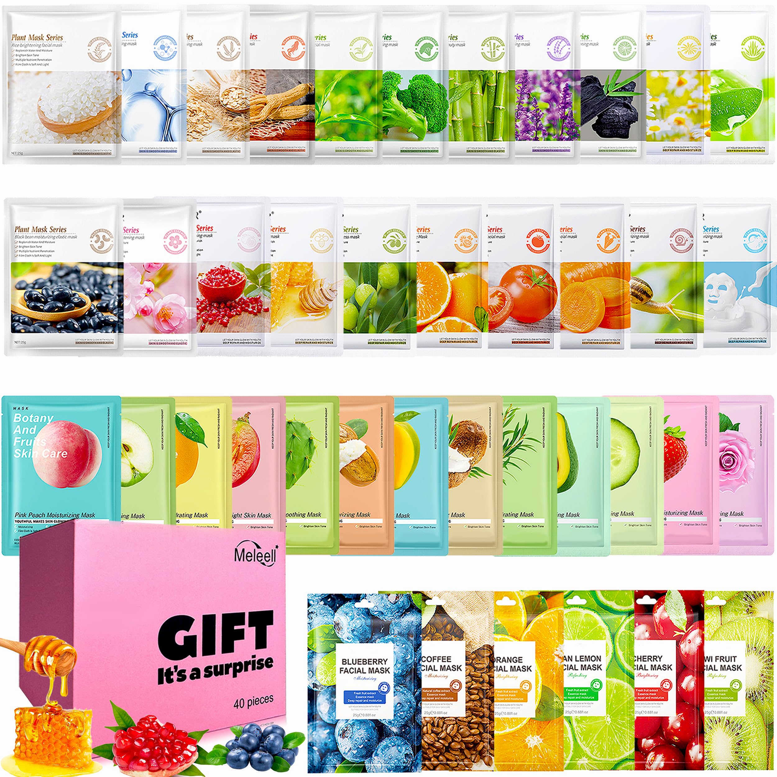 Meleell 40 mascarillas faciales, set hidratante para piel sensible.