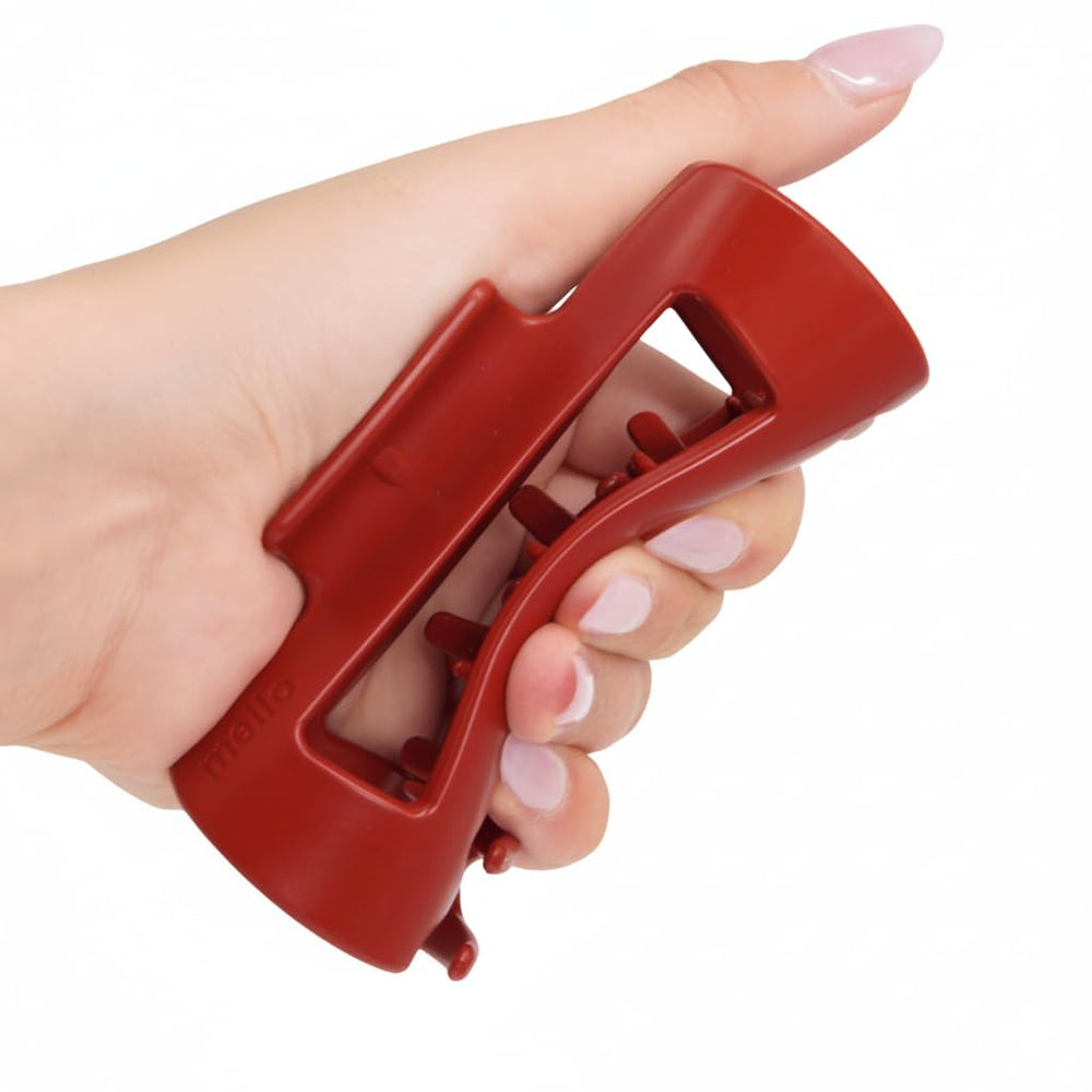 MELLO red medium hair claw clip side view offering secure all-day hold.