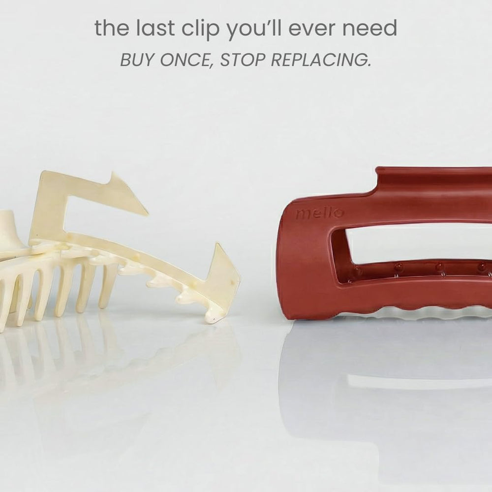 MELLO inward-curving teeth clip close-up shows scalp-friendly pressure.
