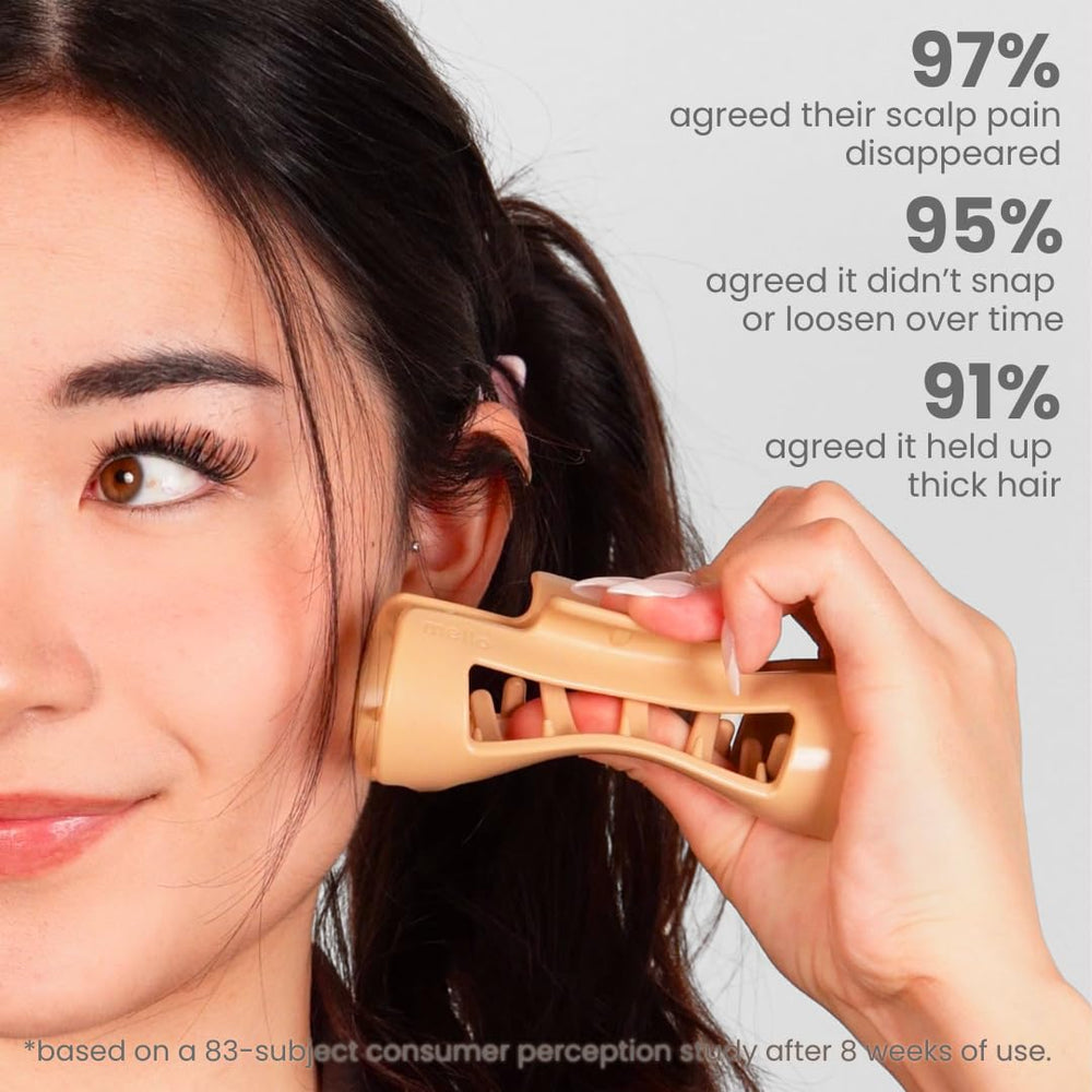MELLO squishy clip close-up emphasizes inward-curving teeth reduce scalp digging.