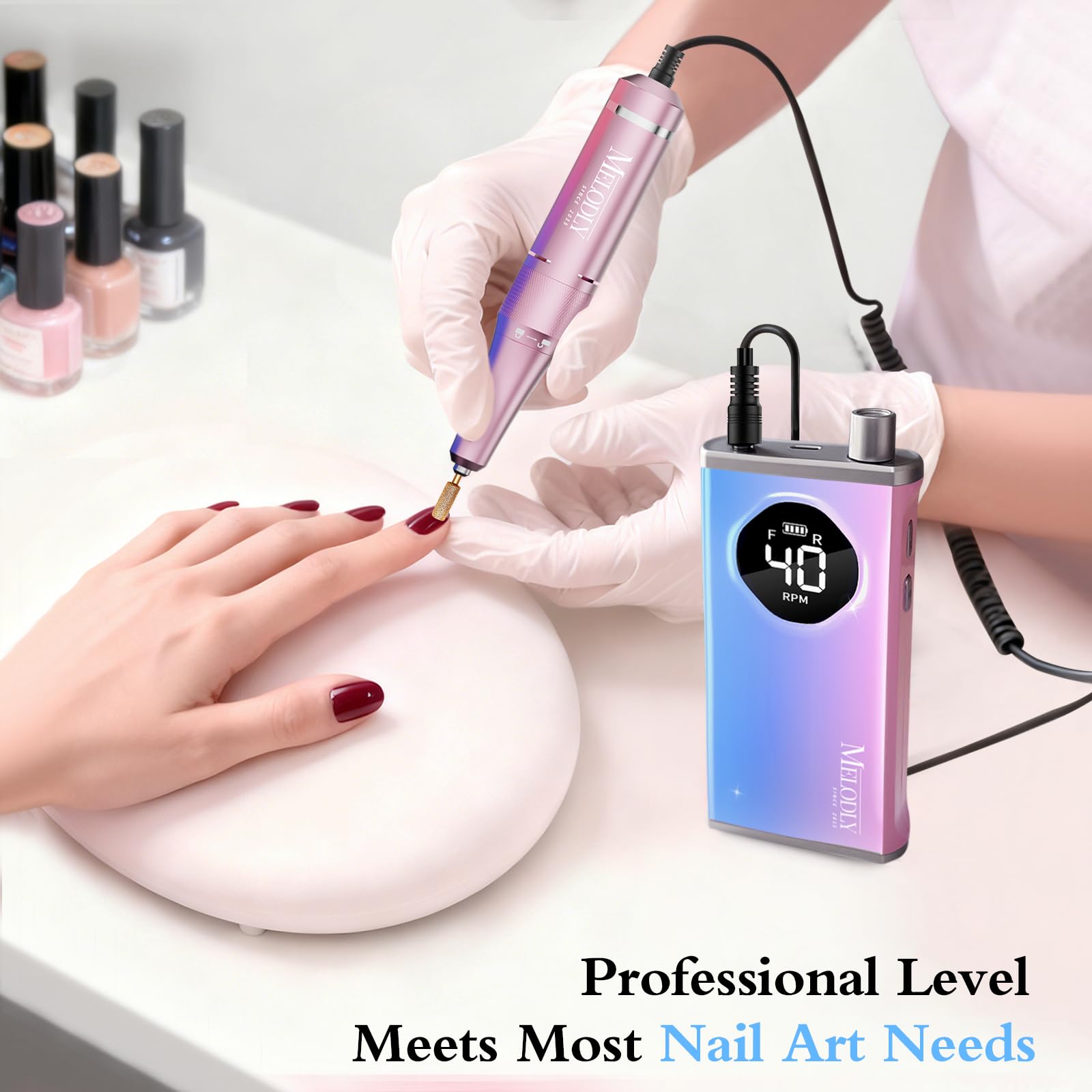 Melodly LCD display nail drill shows speed and battery status at a glance.