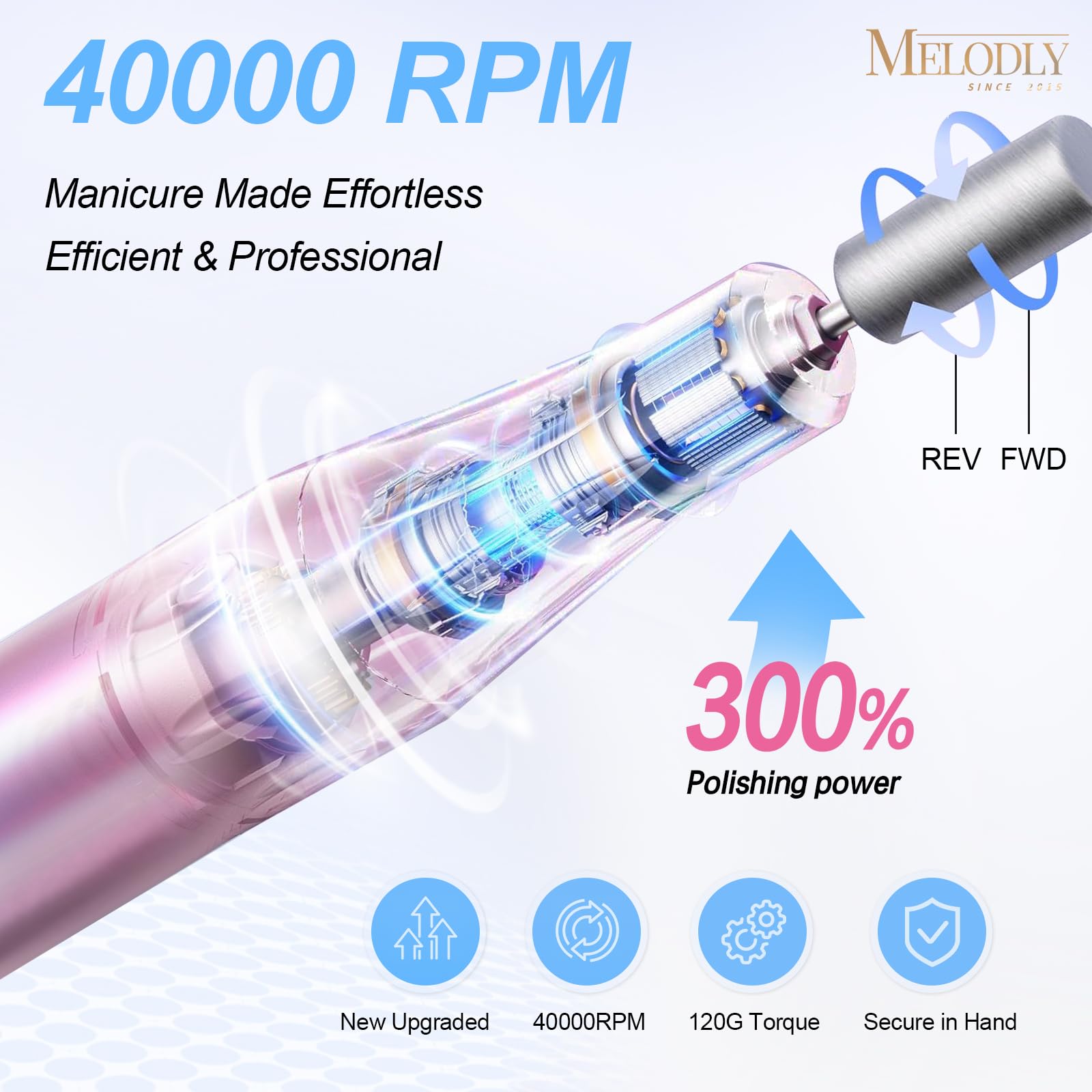 Melodly portable nail drill with belt clip for on-the-go polishing.