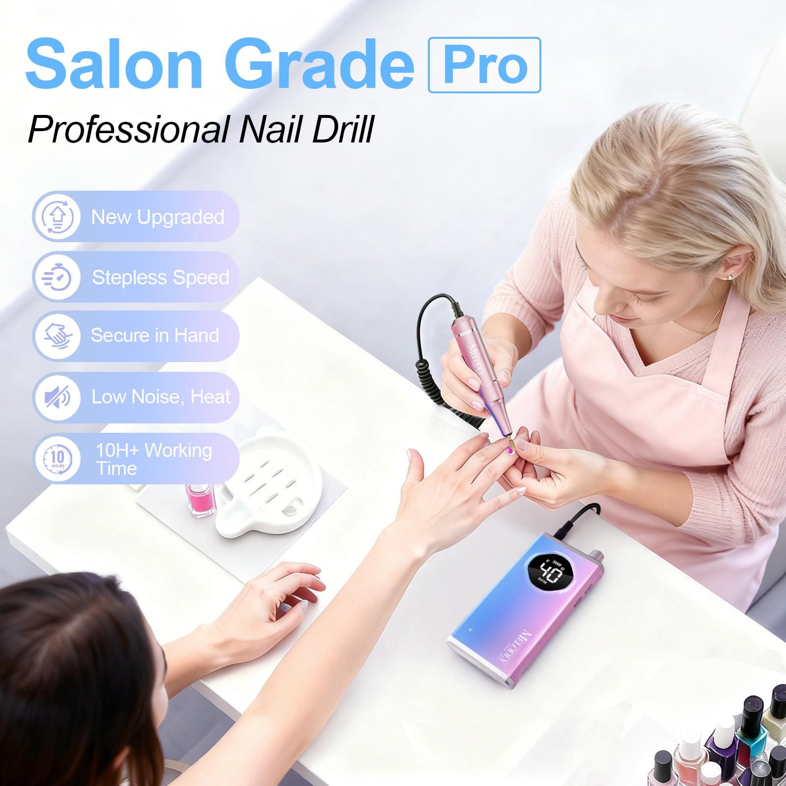 Melodly rechargeable nail file kit ideal for at-home manicures and salon use.