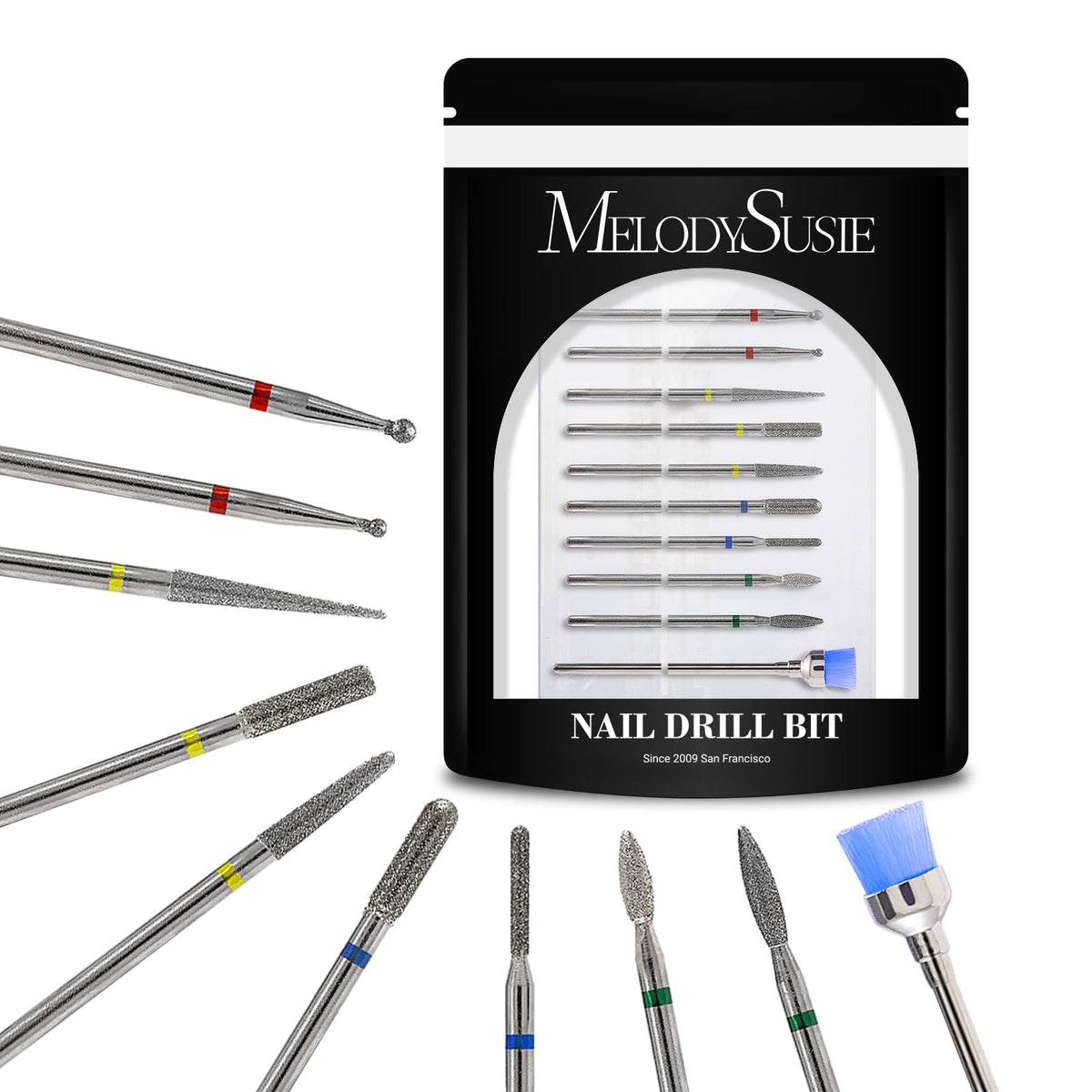 MelodySusie 10-piece nail drill bits set for versatile manicure and removal tasks.