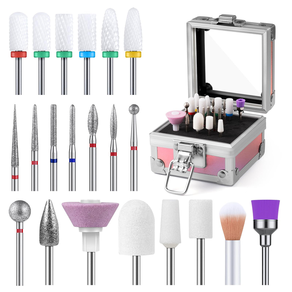MelodySusie 21-piece drill bit set in case, organized for easy salon or home use.
