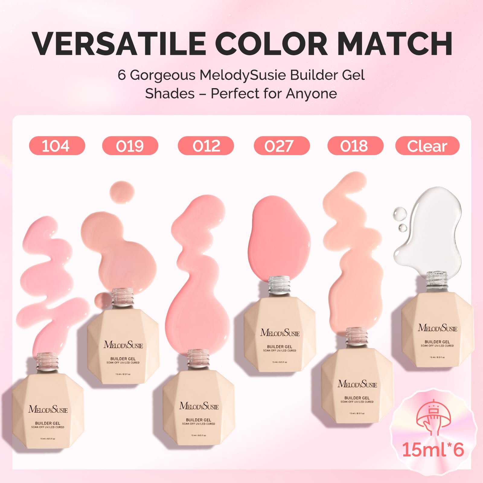 MelodySusie six color gel collection with nude pink bases for natural overlays