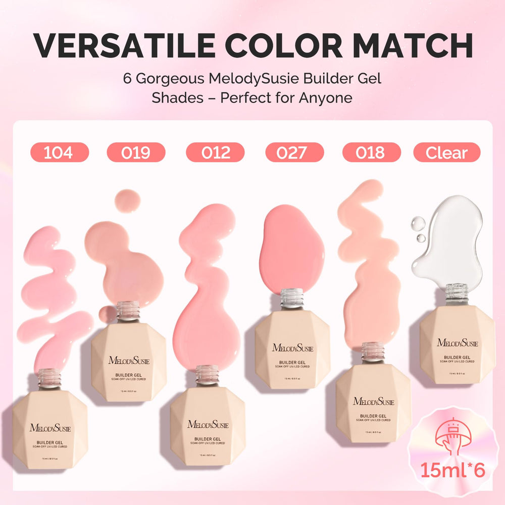 MelodySusie six color gel collection with nude pink bases for natural overlays