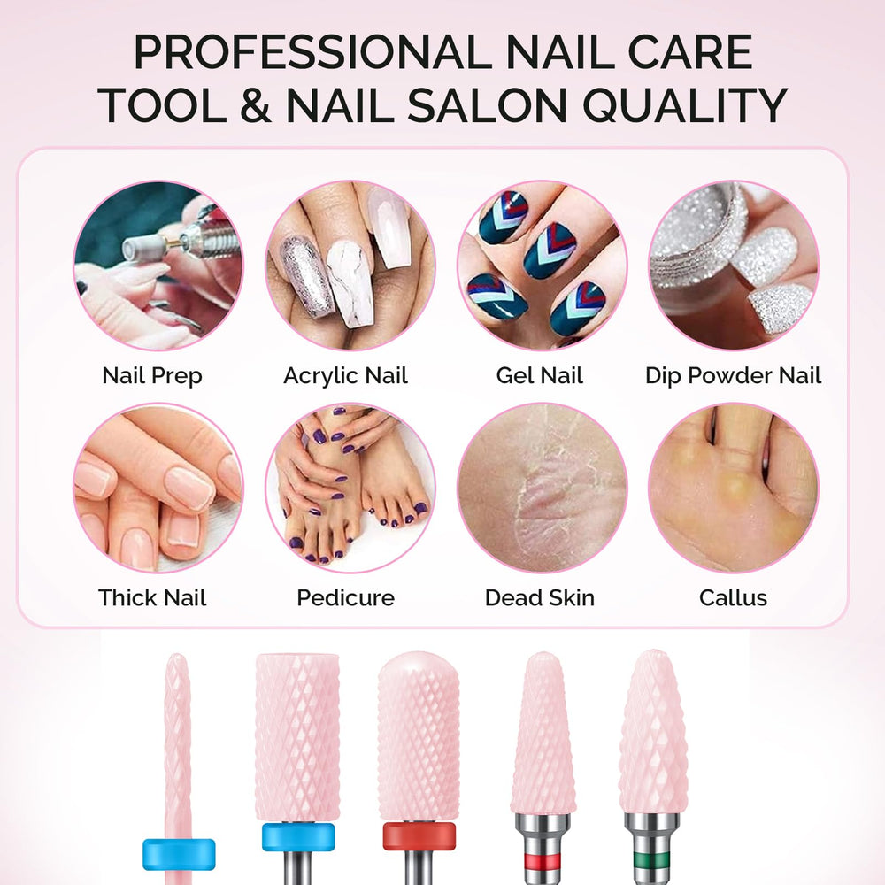 MelodySusie ceramic nail drill bit set close-up shows premium material and sleek pink case
