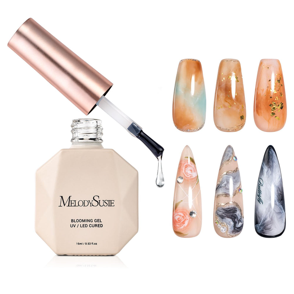 MelodySusie Clear Blooming Gel packaging shown for easy home manicure use
