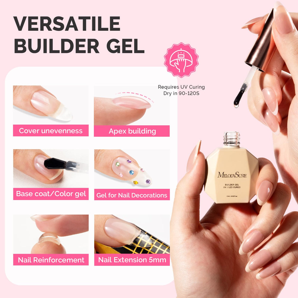 MelodySusie Clear Builder Gel extends nail length with even self-leveling application.