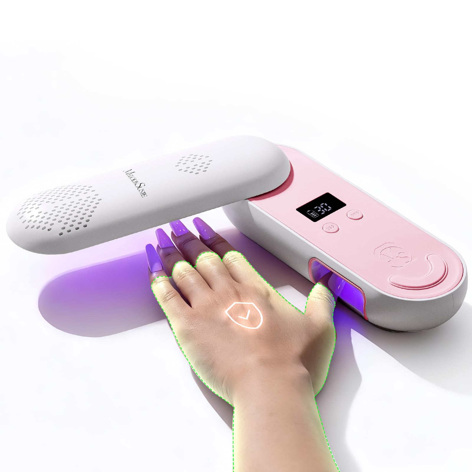 MelodySusie compact UV nail lamp shown for quick gel curing and a tidy workstation.