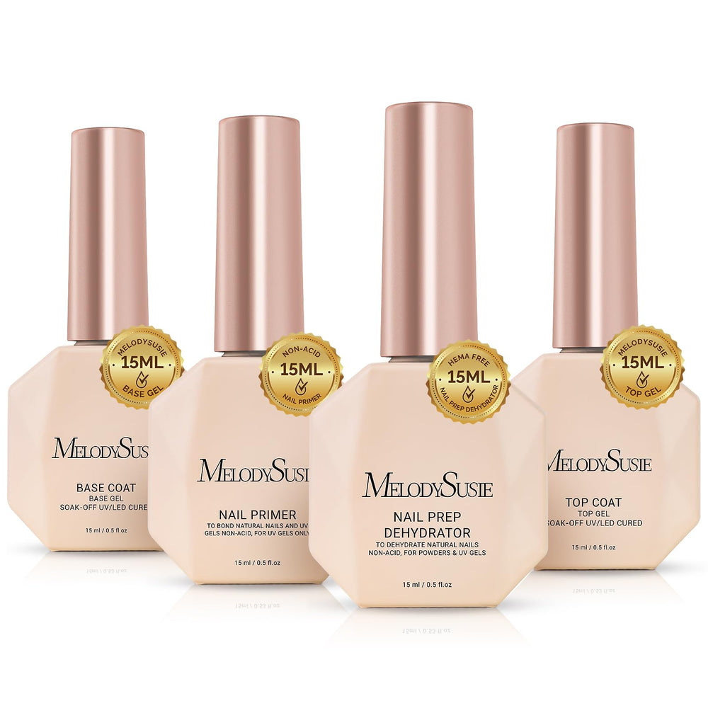 Conjunto MelodySusie de base y deshidratante para uñas claras, mejora adhesión.