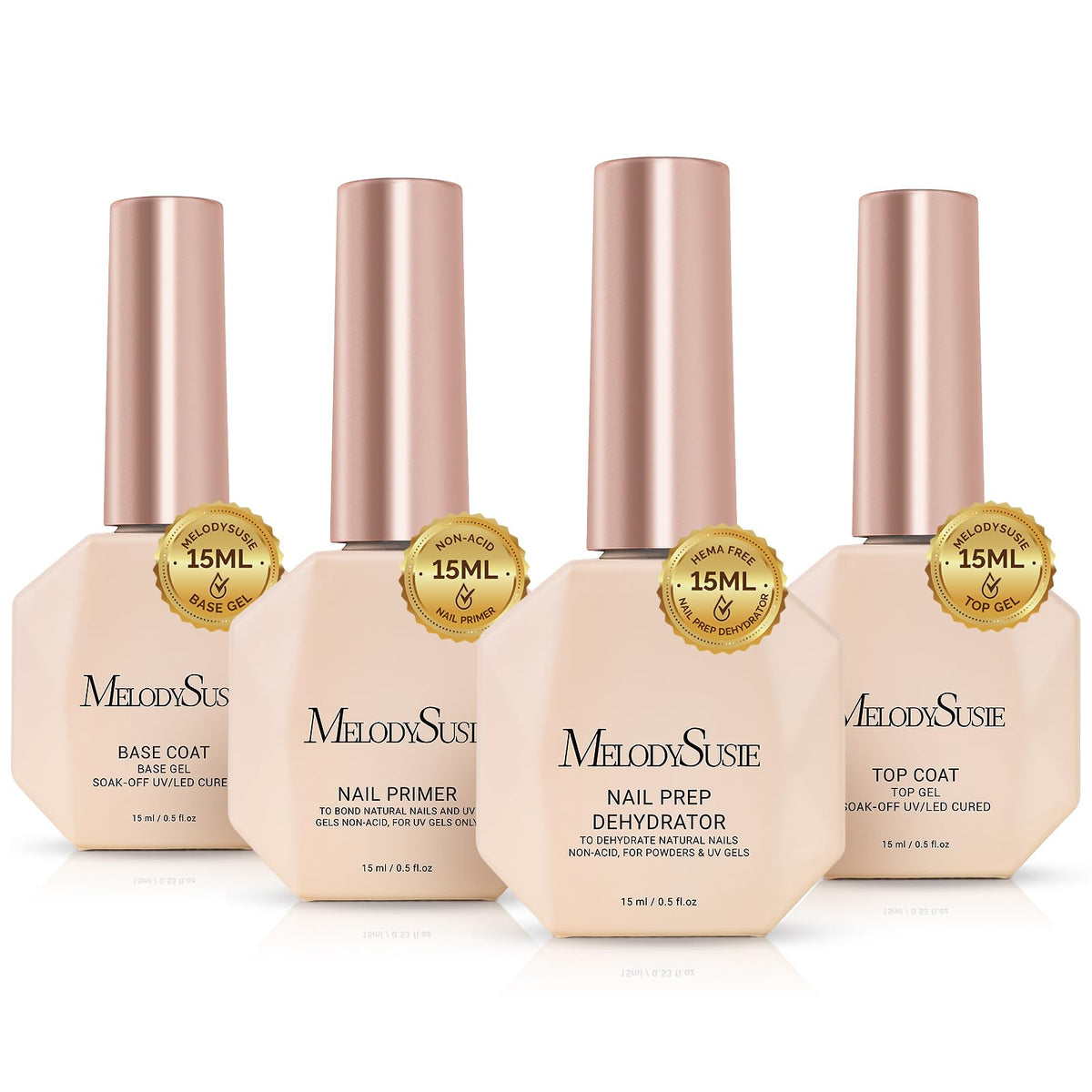 Conjunto MelodySusie de base y deshidratante para uñas claras, mejora adhesión.