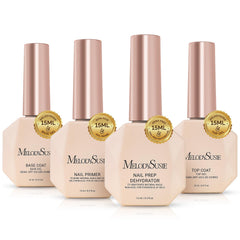 Conjunto MelodySusie de base y deshidratante para uñas claras, mejora adhesión.