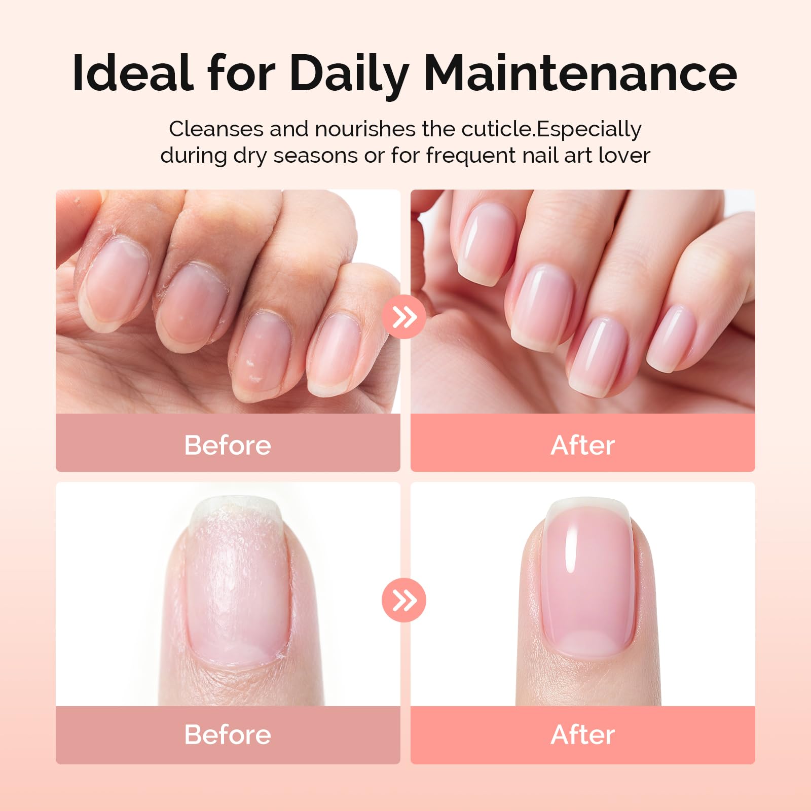 Cuticle trimmer and nail pusher for gentle cuticle care.
