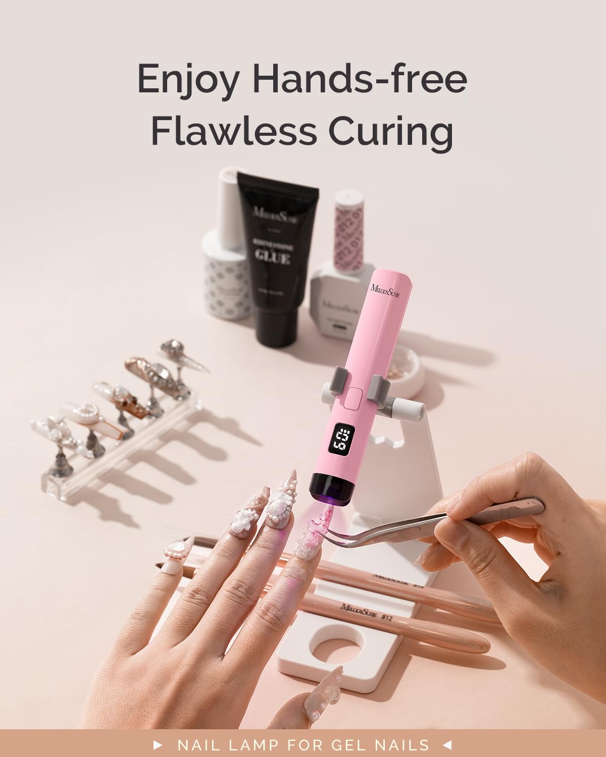 MelodySusie flash curing supports rhinestone glue and 3D nail art.