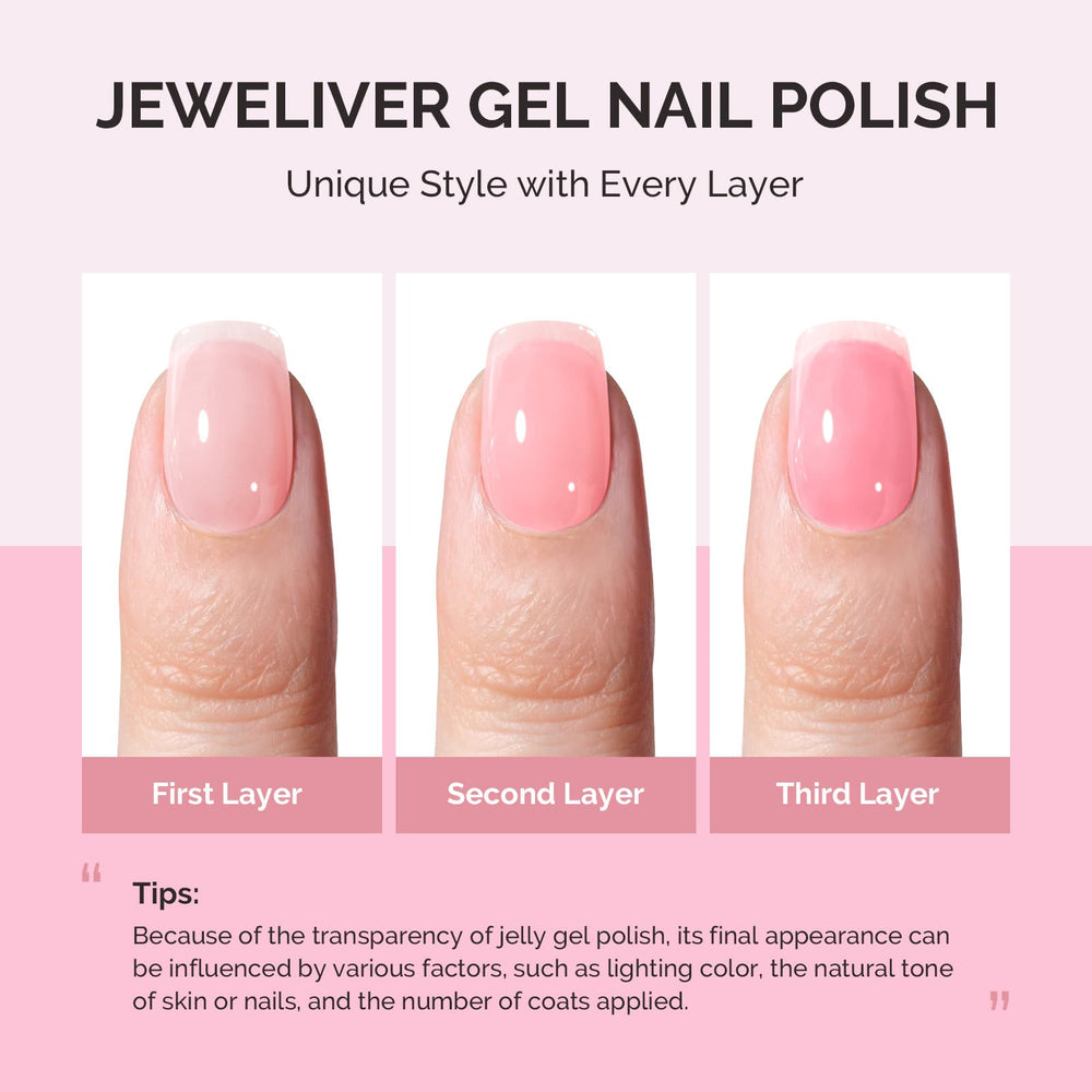 MelodySusie Jeweliver jelly pink swatches displaying sheer to opaque depth.