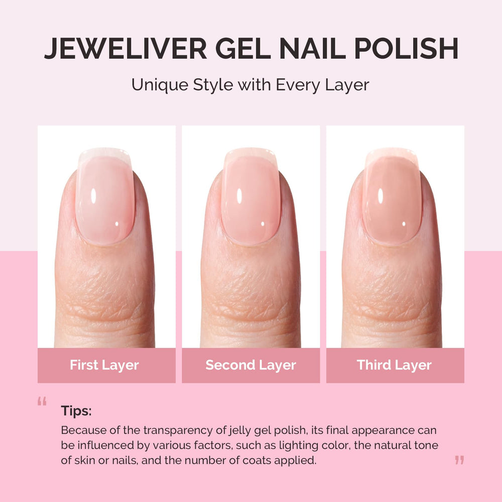 MelodySusie Jeweliver Nude Gel Polish jelly look on nails in natural light.