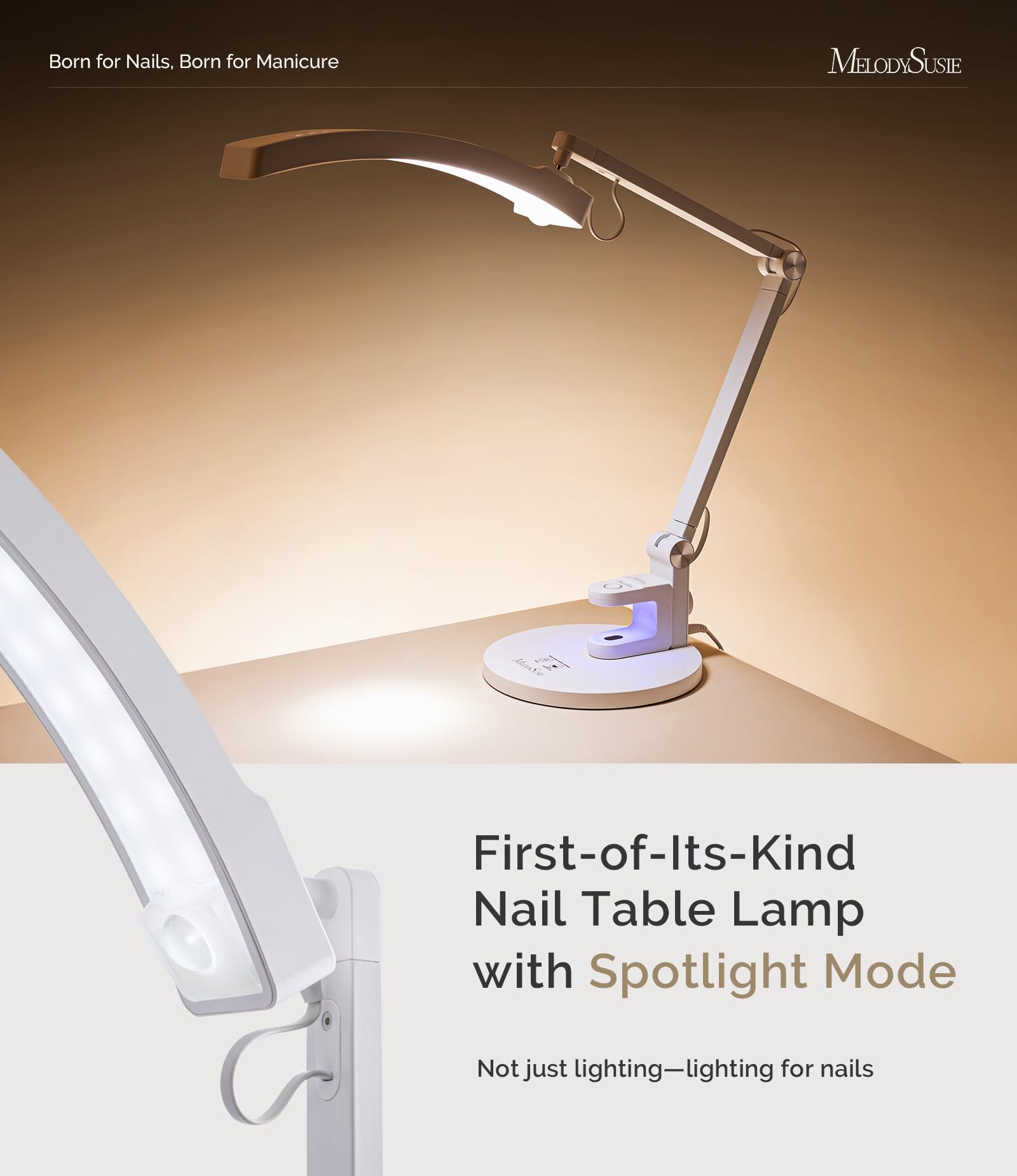 MelodySusie LED manicure lamp panel-angle shows flexible tilt for precise access