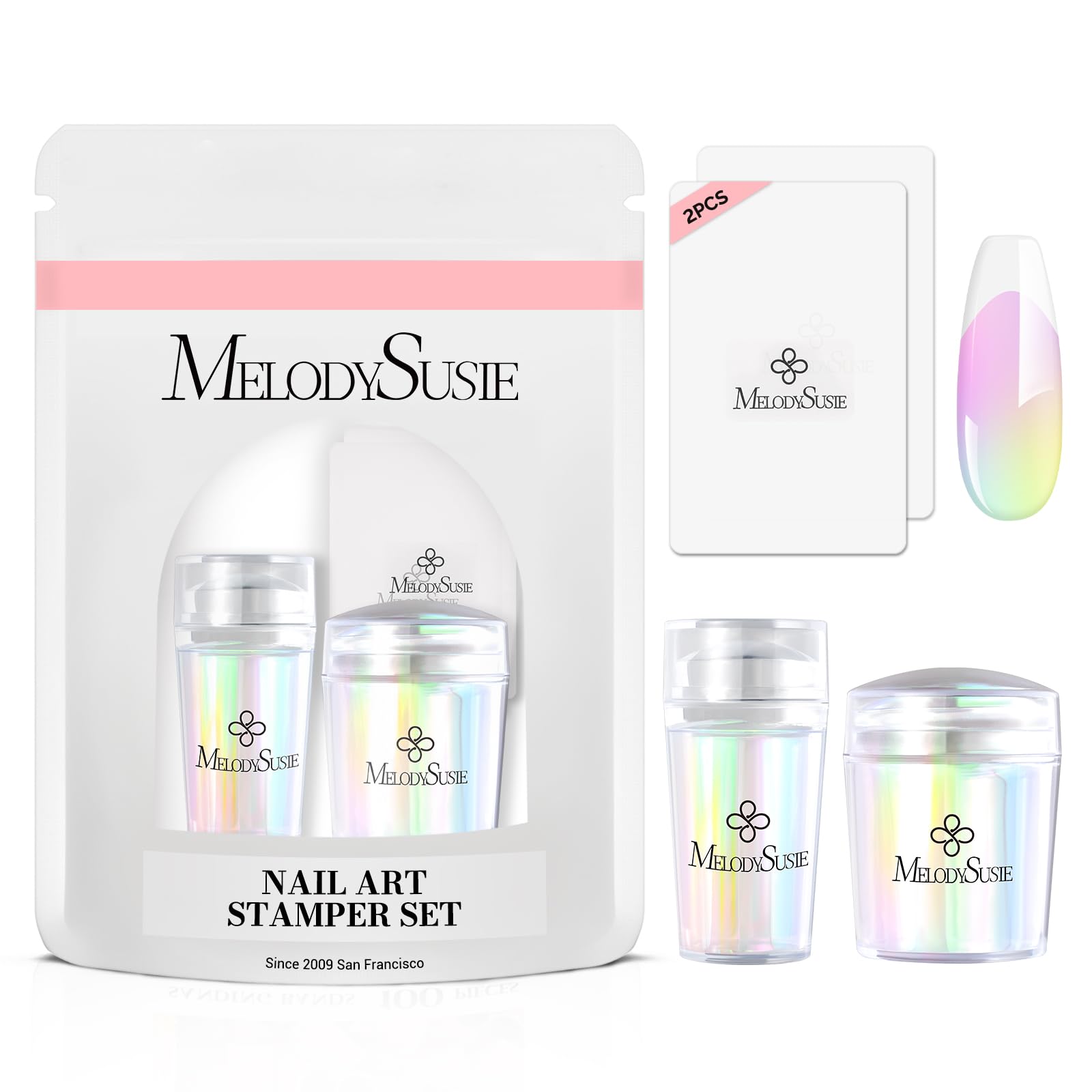 MelodySusie long stamp Aurora demonstrates precise French tip transfer for stylish nails.