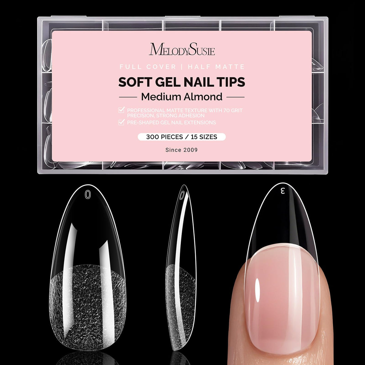 MelodySusie Medium Almond X Nail Tips pack of 300 for easy, secure salon-grade extensions