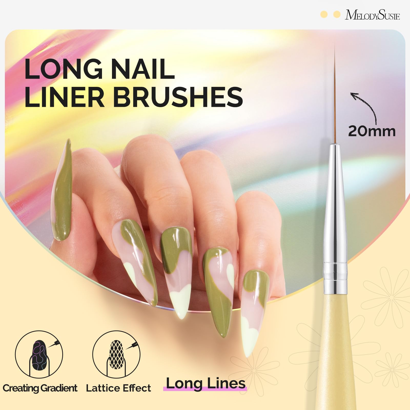 MelodySusie 20mm liner brush supports long strokes for bold accents.