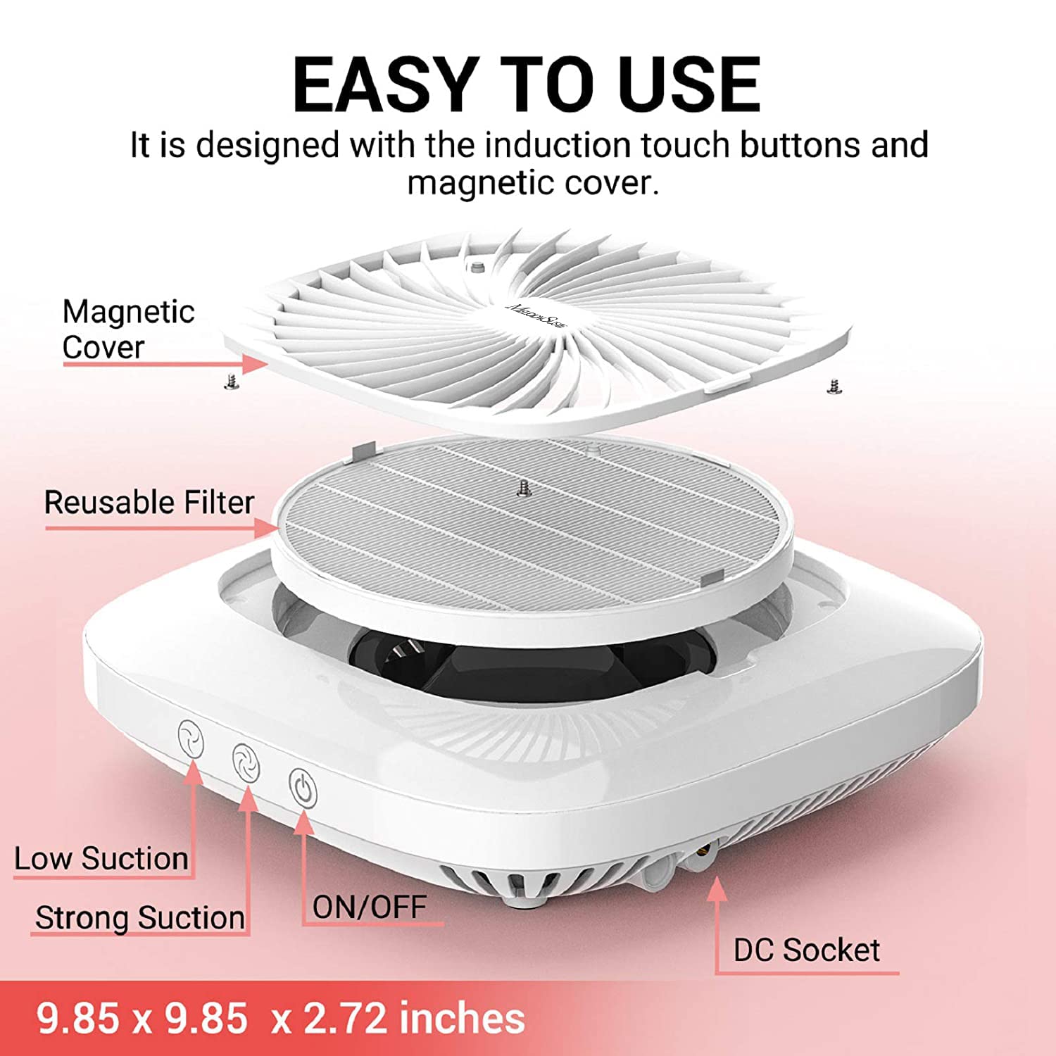 MelodySusie nail dust collector reusable filter highlights easy cleaning and ongoing cost efficiency.