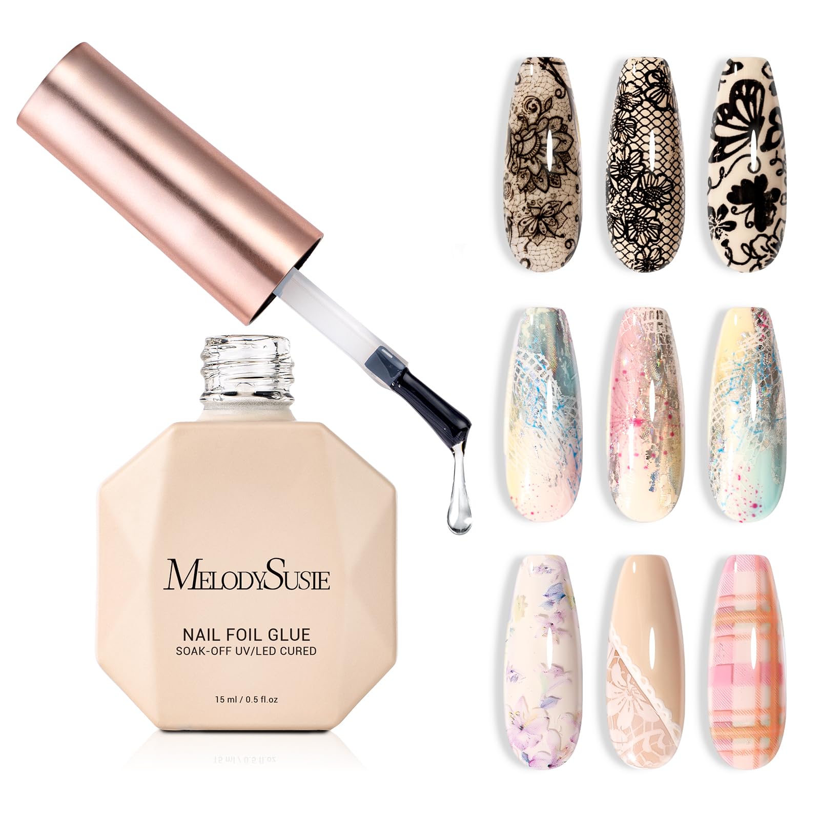 MelodySusie Nail Foil Glue Gel bottle for durable foil art adhesion.