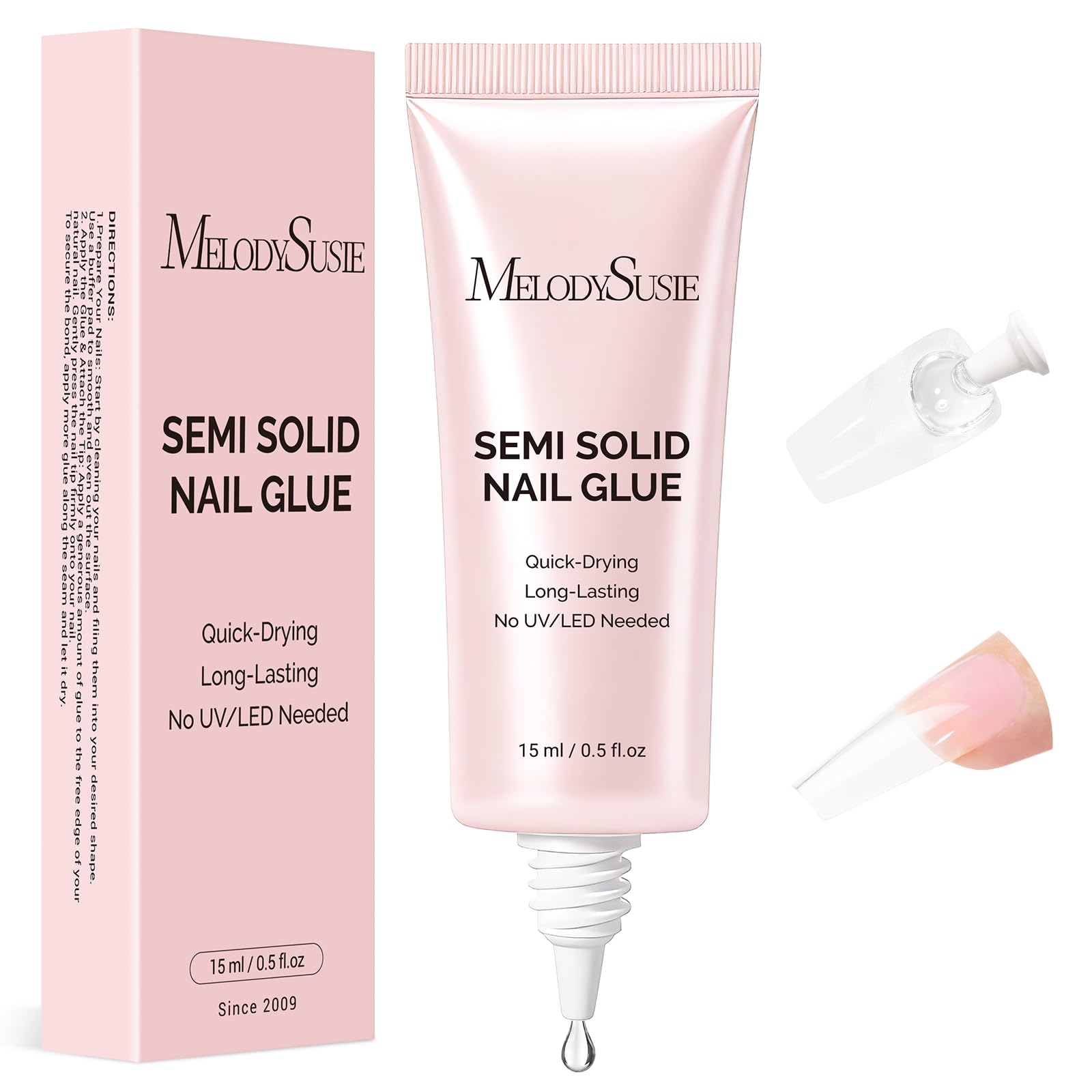 MelodySusie nail glue bottle pour shows quick, clean application for secure press-on nails.