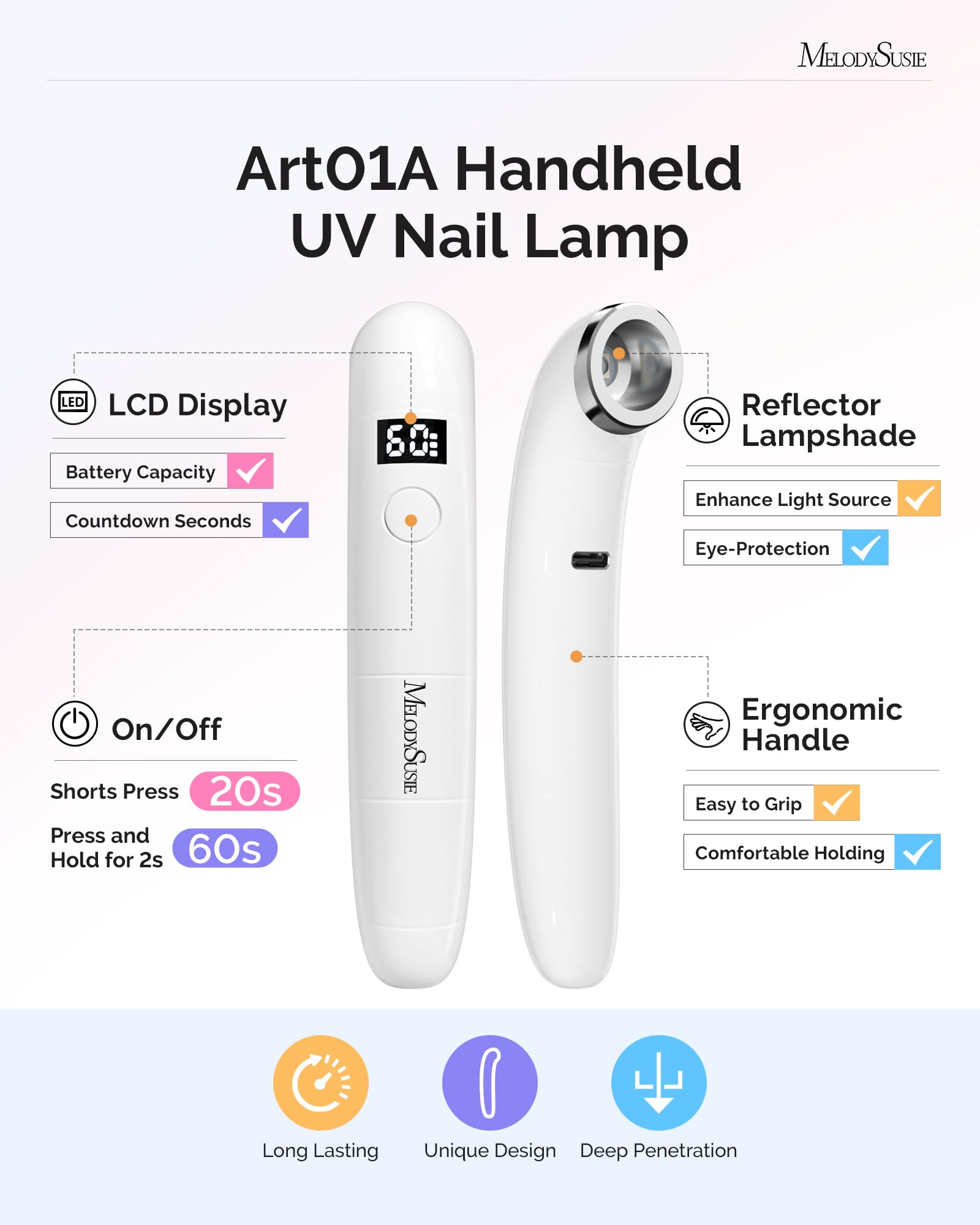 MelodySusie P-ART01A curved concave head ensures full nail coverage during curing.