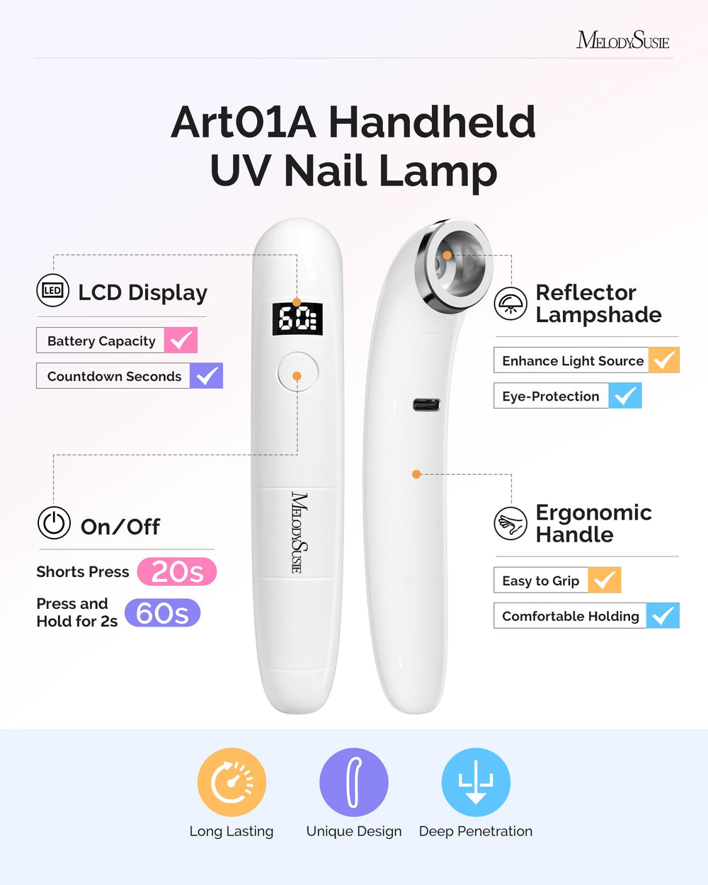 MelodySusie P-ART01A curved concave head ensures full nail coverage during curing.