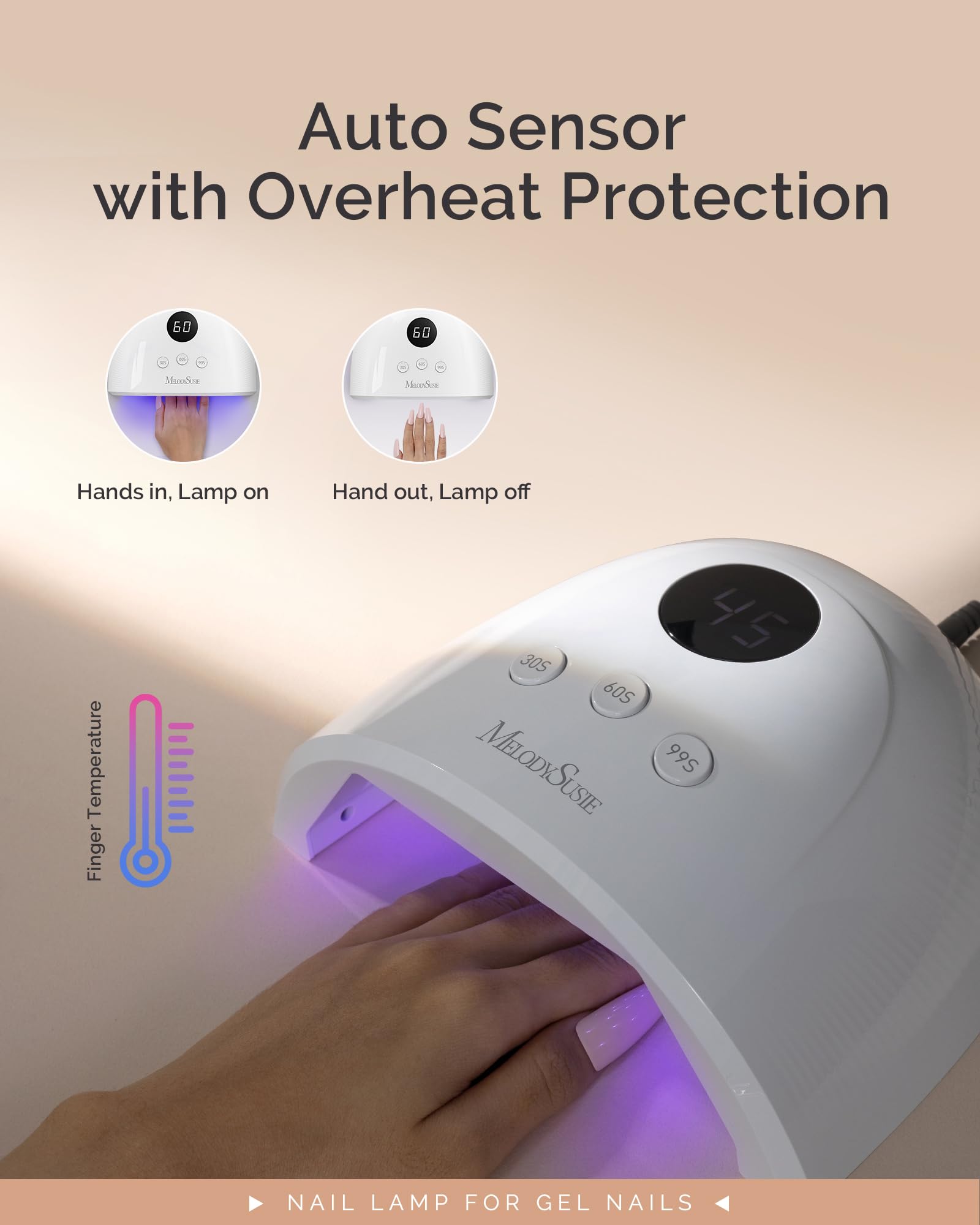 MelodySusie Plus30F nail lamp timer display showing 30 60 and 99 second options