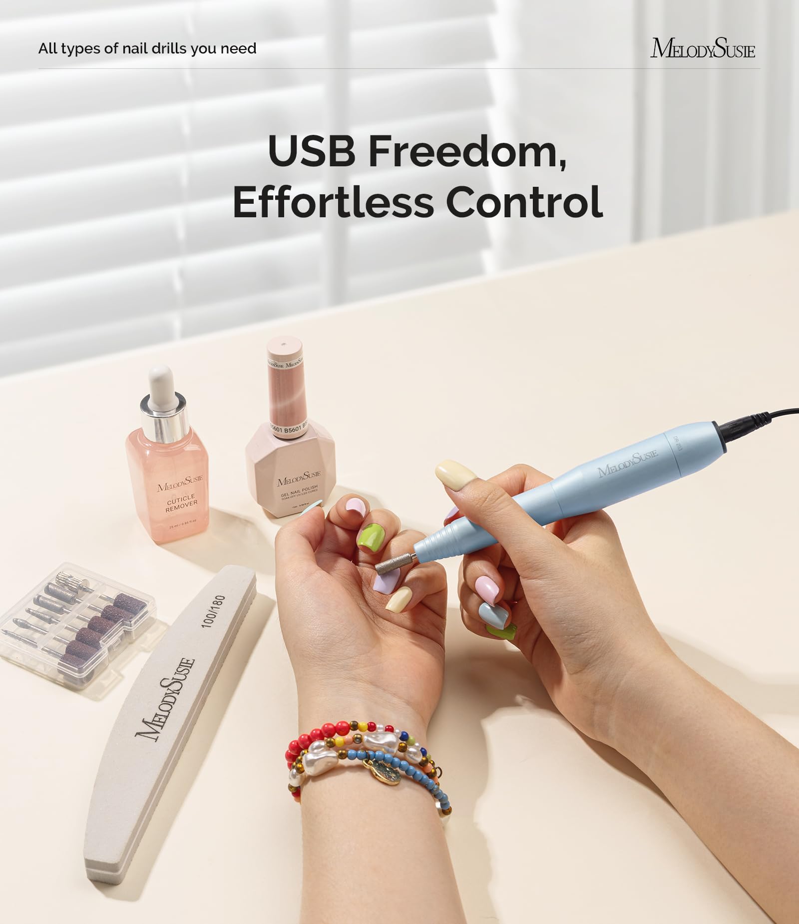 MelodySusie pen-shaped nail drill is easy to use with one-button control.