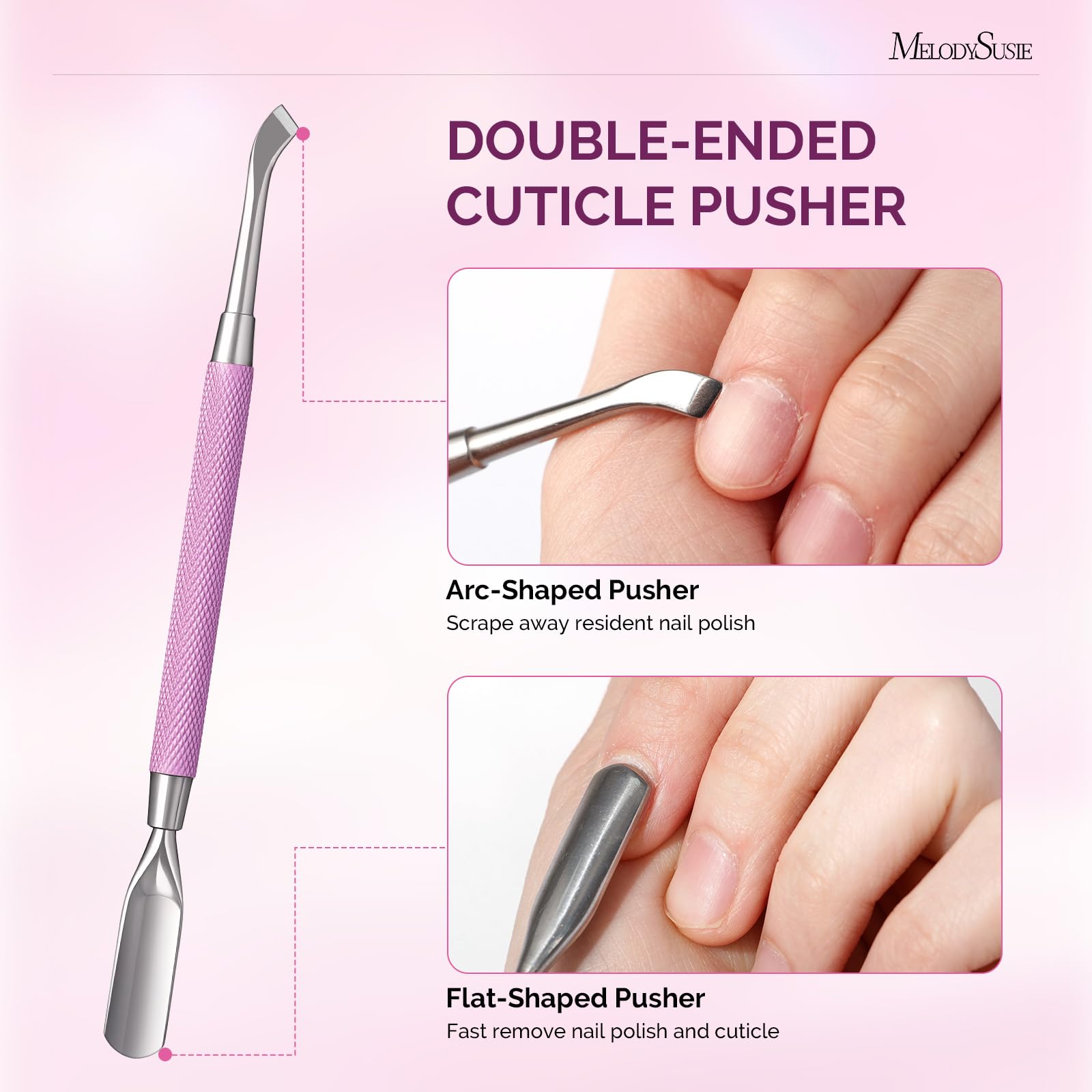 MelodySusie empujador de cutículas de doble extremo para limpieza precisa.