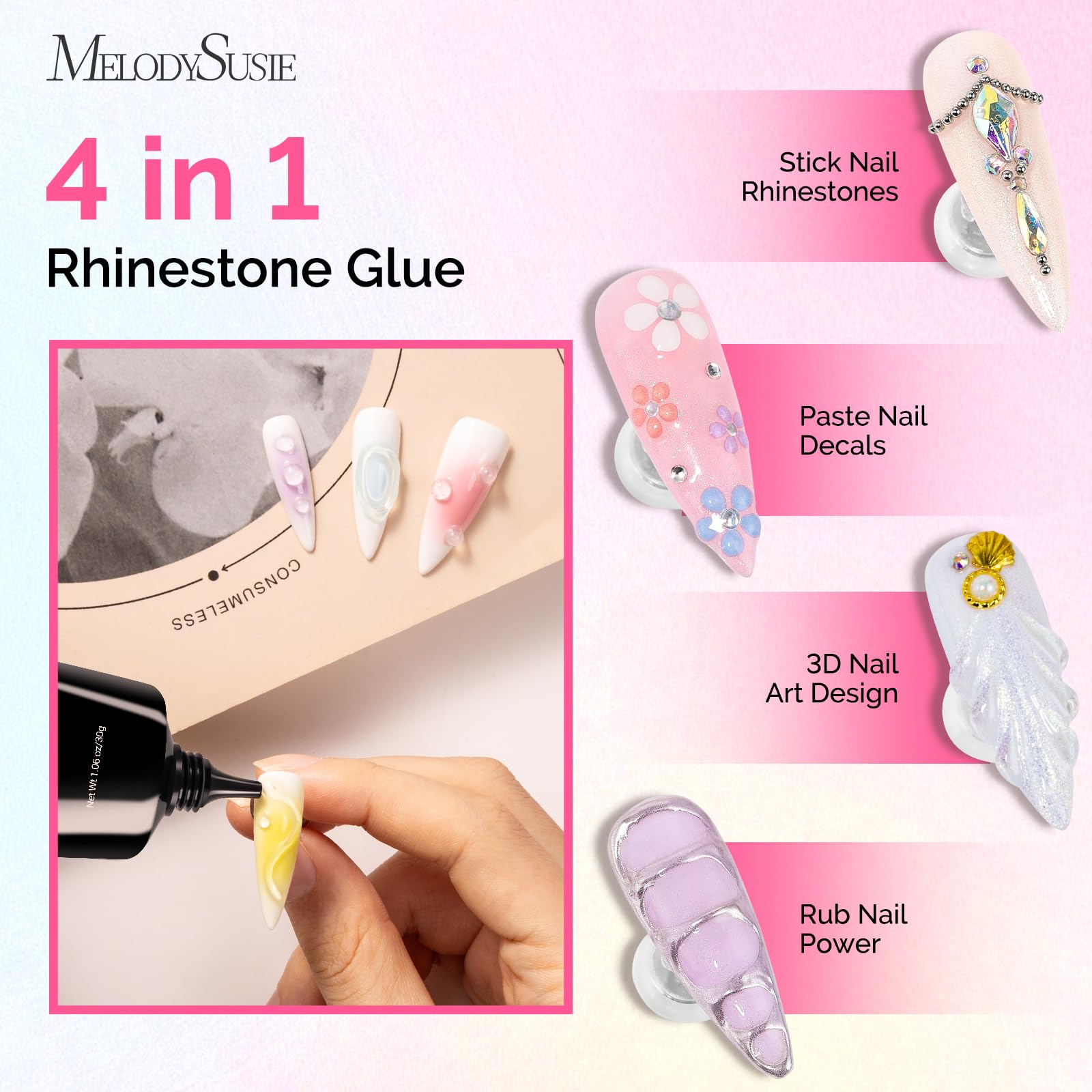 MelodySusie rhinestone glue on 3D nail art creation