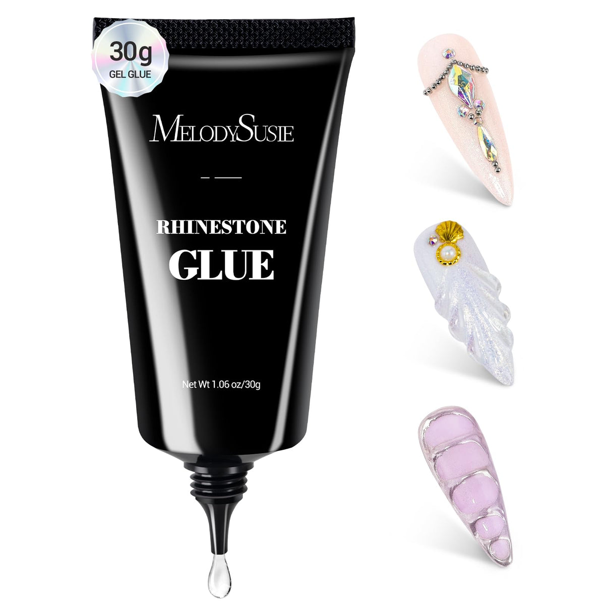 MelodySusie rhinestone glue bottle closeup for durable nail art
