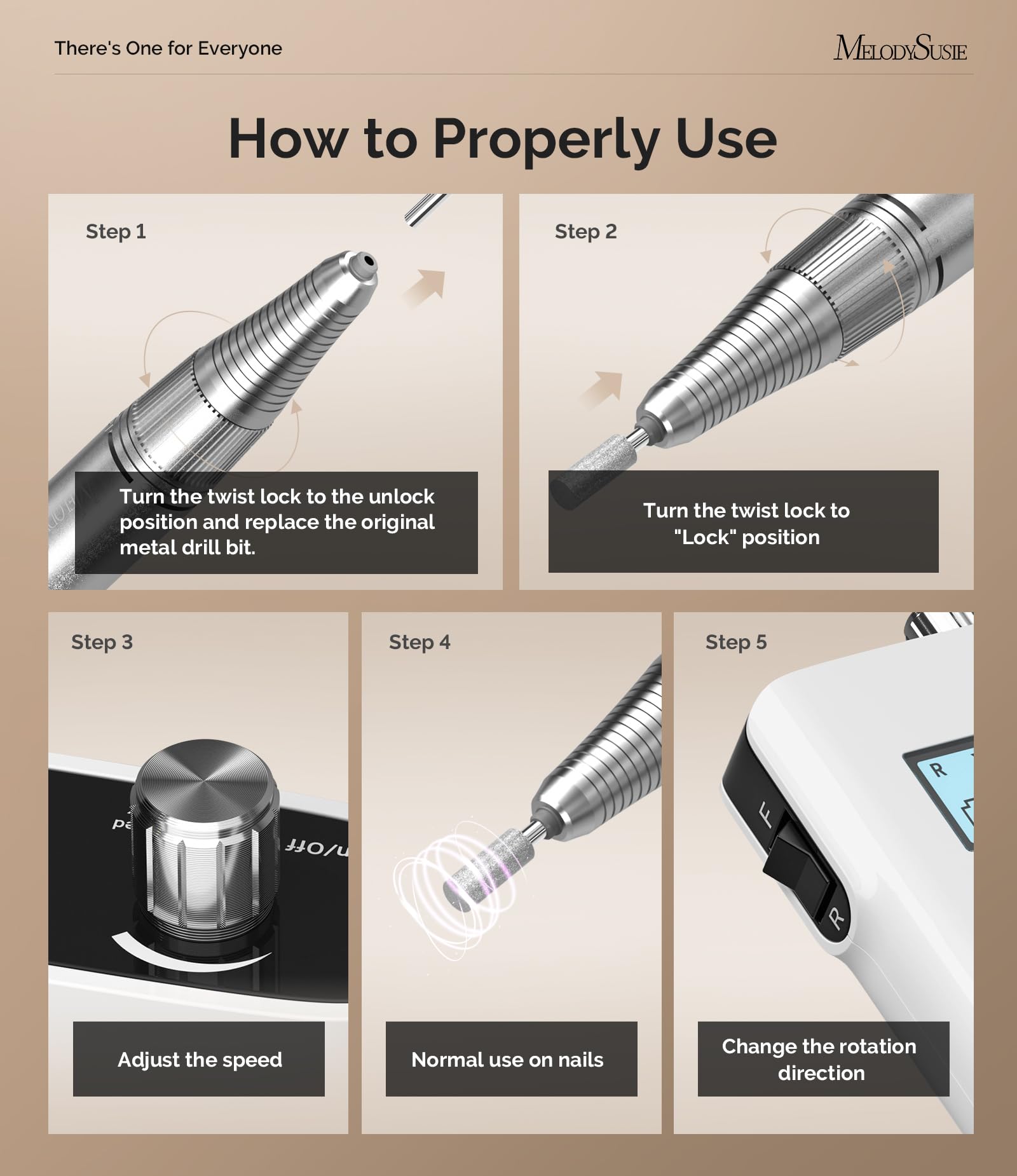 MelodySusie SC320H cordless design with belt clip enables on-the-go manicures.
