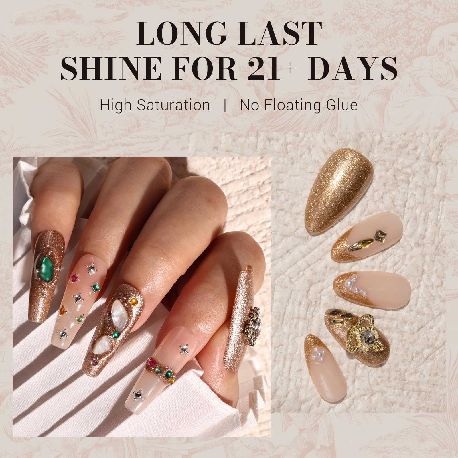 Swatch demonstrates possible nail art design with glitter accents for festive looks.
