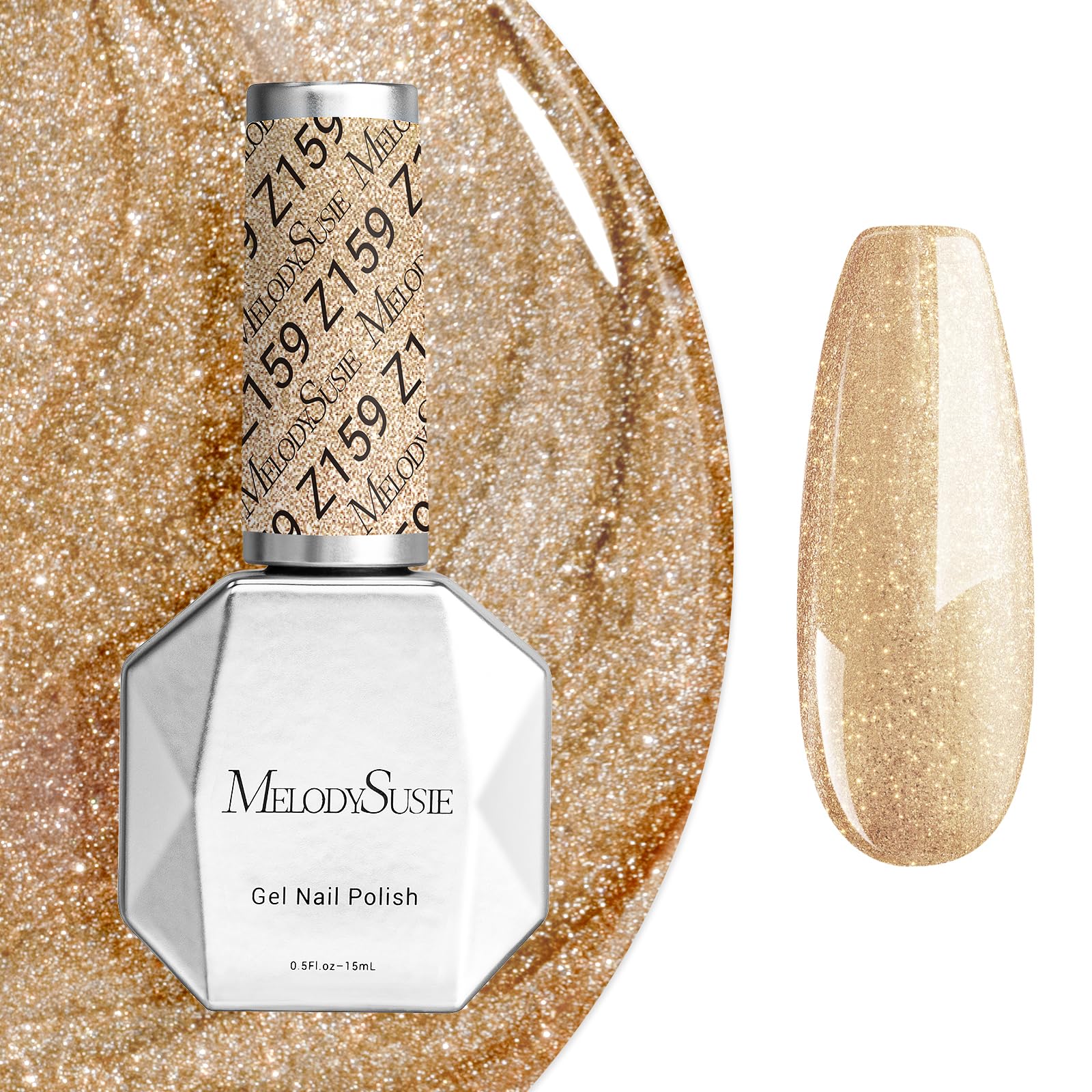 MelodySusie Sparkle Gold gel nail polish bottle with champagne glitter for lasting shine.