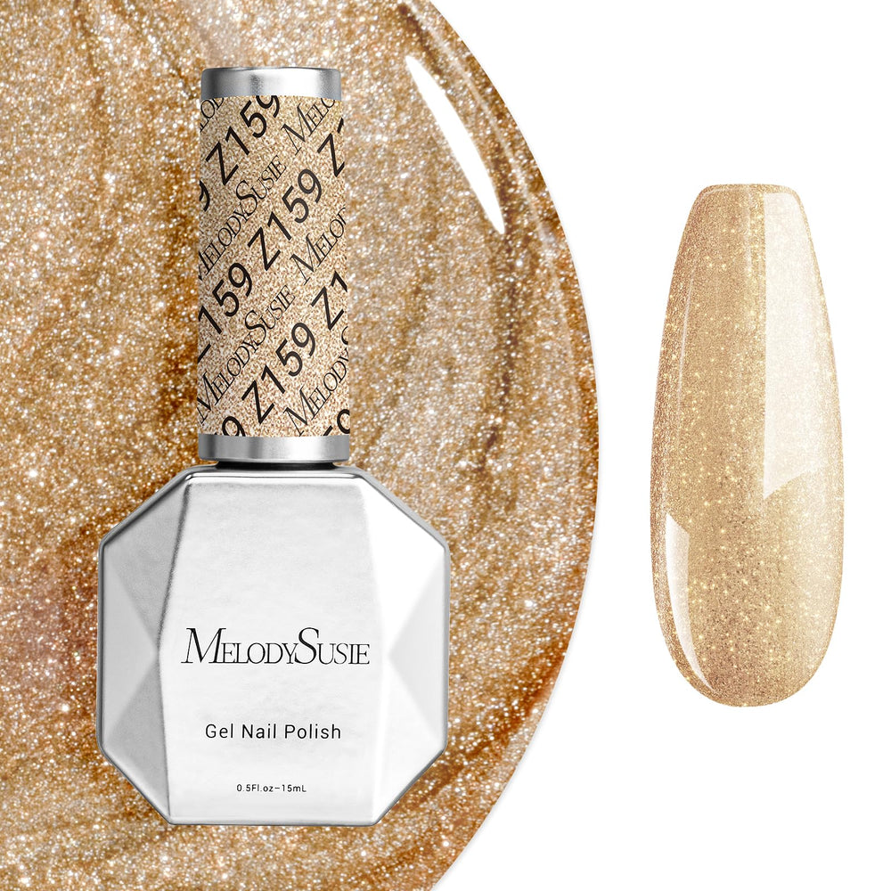 MelodySusie Sparkle Gold gel nail polish bottle with champagne glitter for lasting shine.