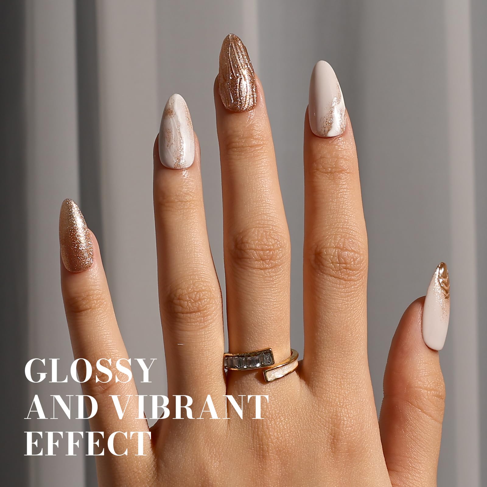 Swatch shows a rich champagne glitter finish with high gloss for chic nail art.