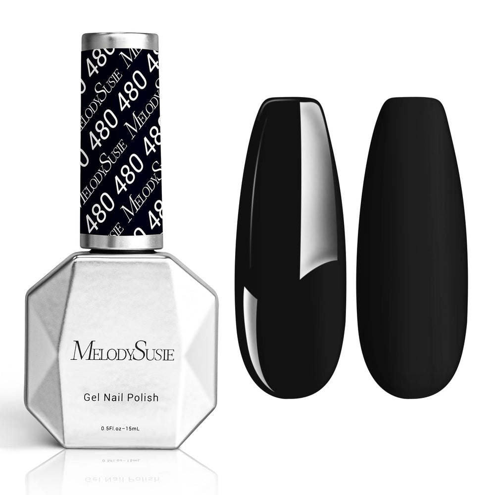 MelodySusie thick gel nail polish in Black Abyss bottle front for strong at-home color