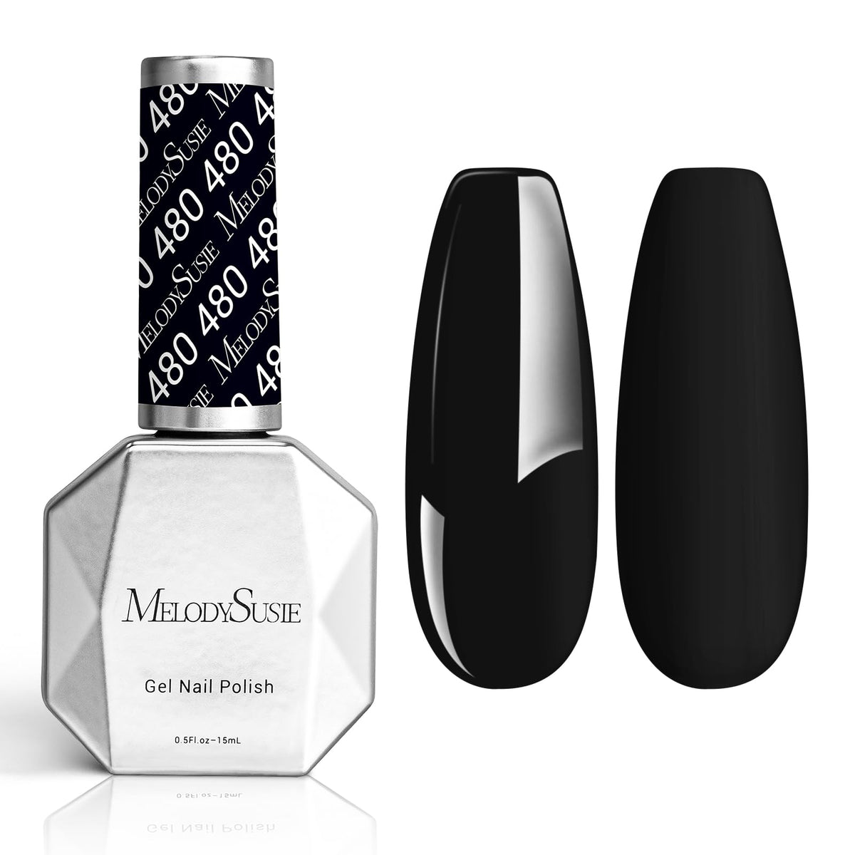 MelodySusie thick gel nail polish in Black Abyss bottle front for strong at-home color